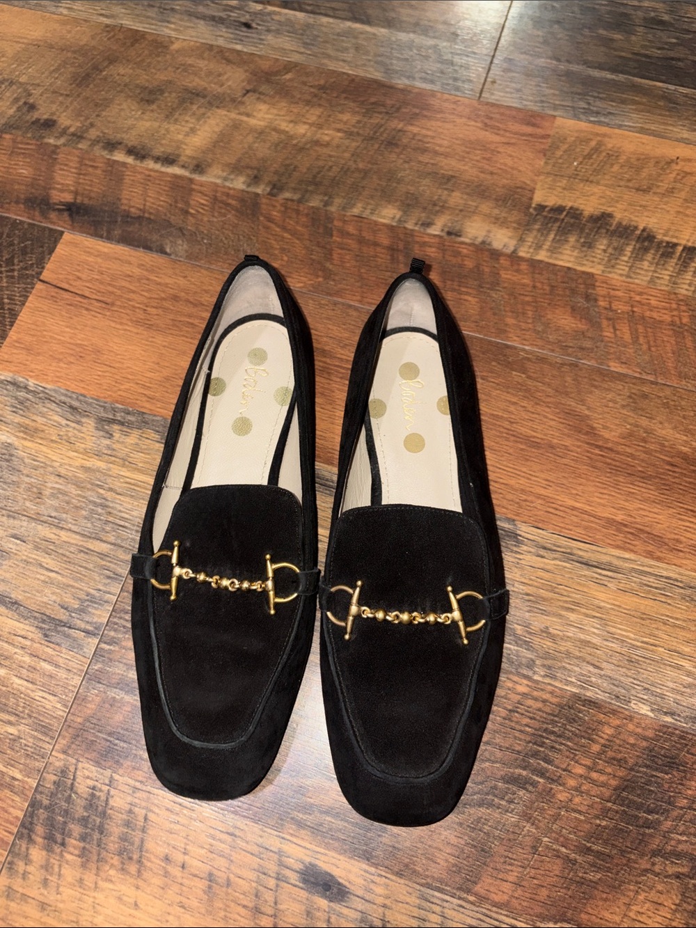 Boden Black Suede Loafers with Gold Hardware